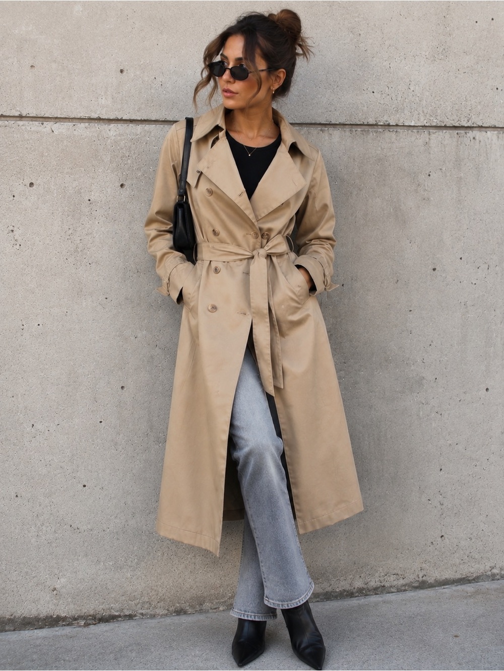 London Fog Beige Double-Breasted Trench Coat with Tie Belt